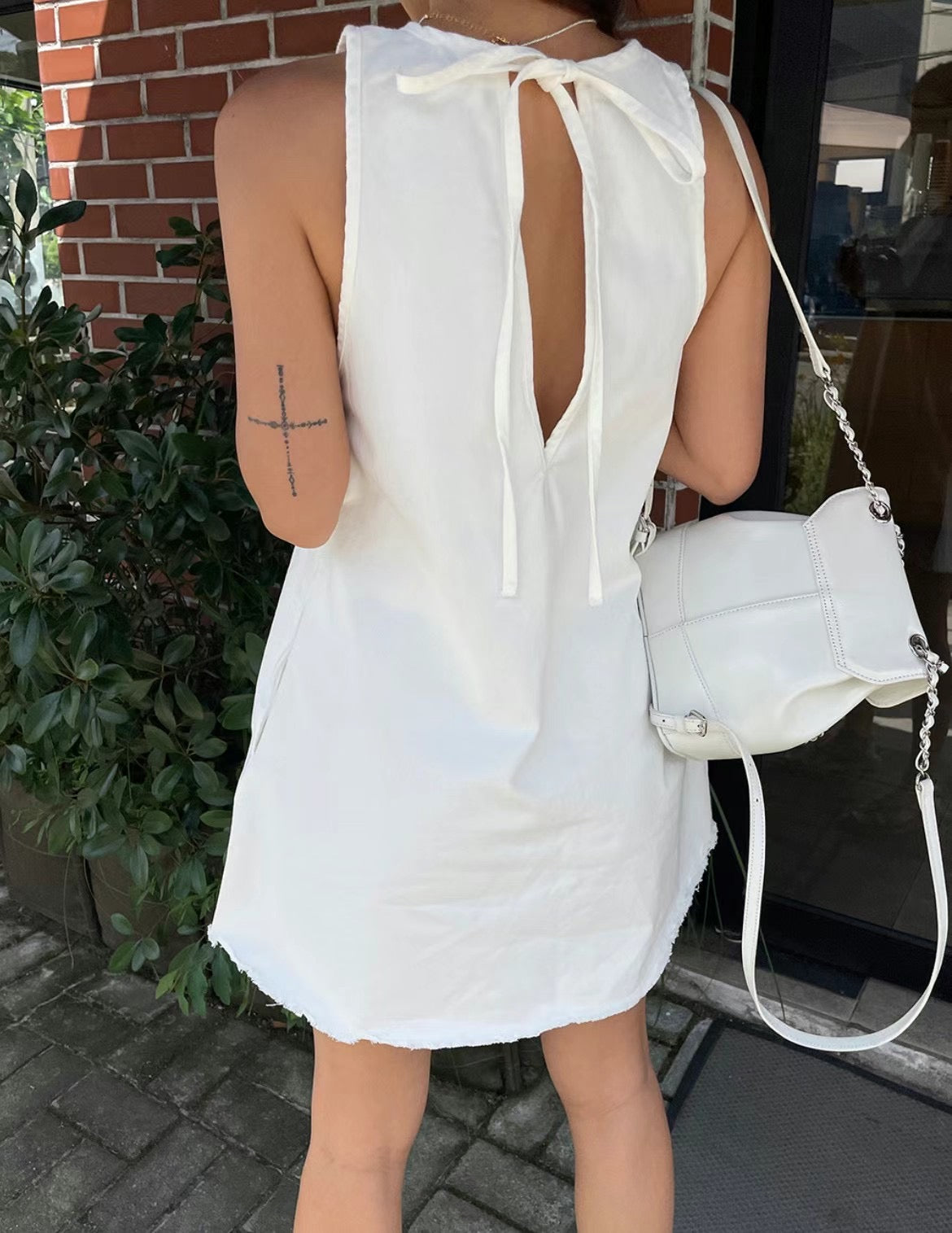 Raw Edge Back Tie Mini Dress