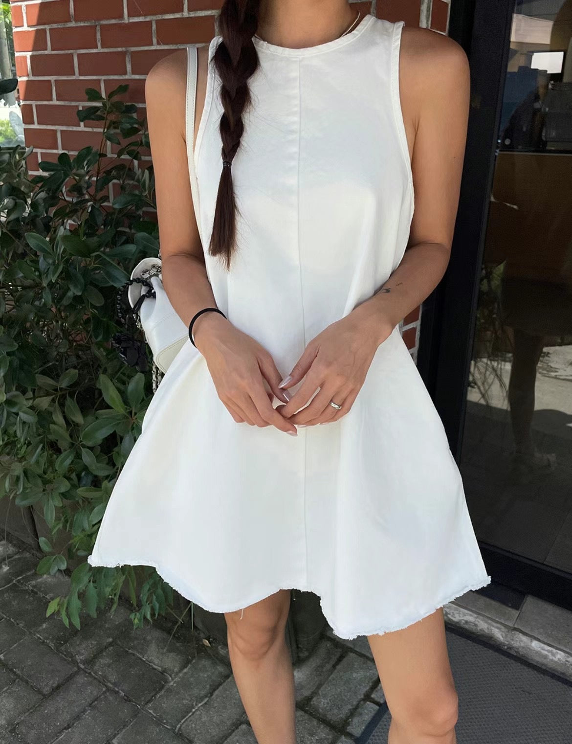 Raw Edge Back Tie Mini Dress