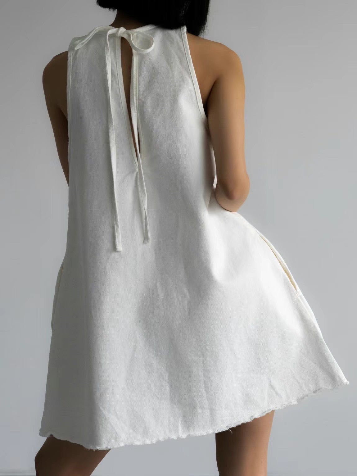 Raw Edge Back Tie Mini Dress