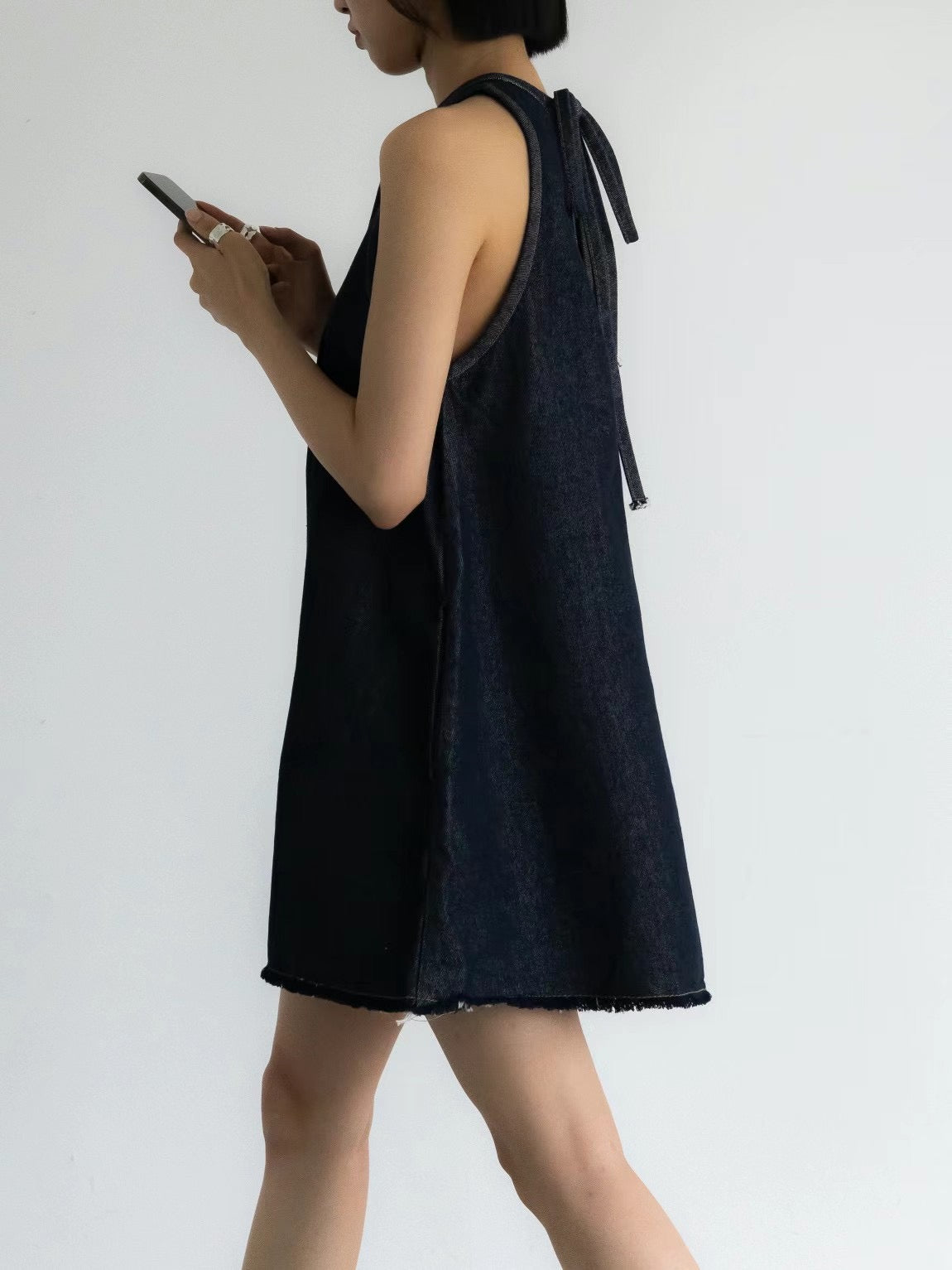 Raw Edge Back Tie Mini Dress