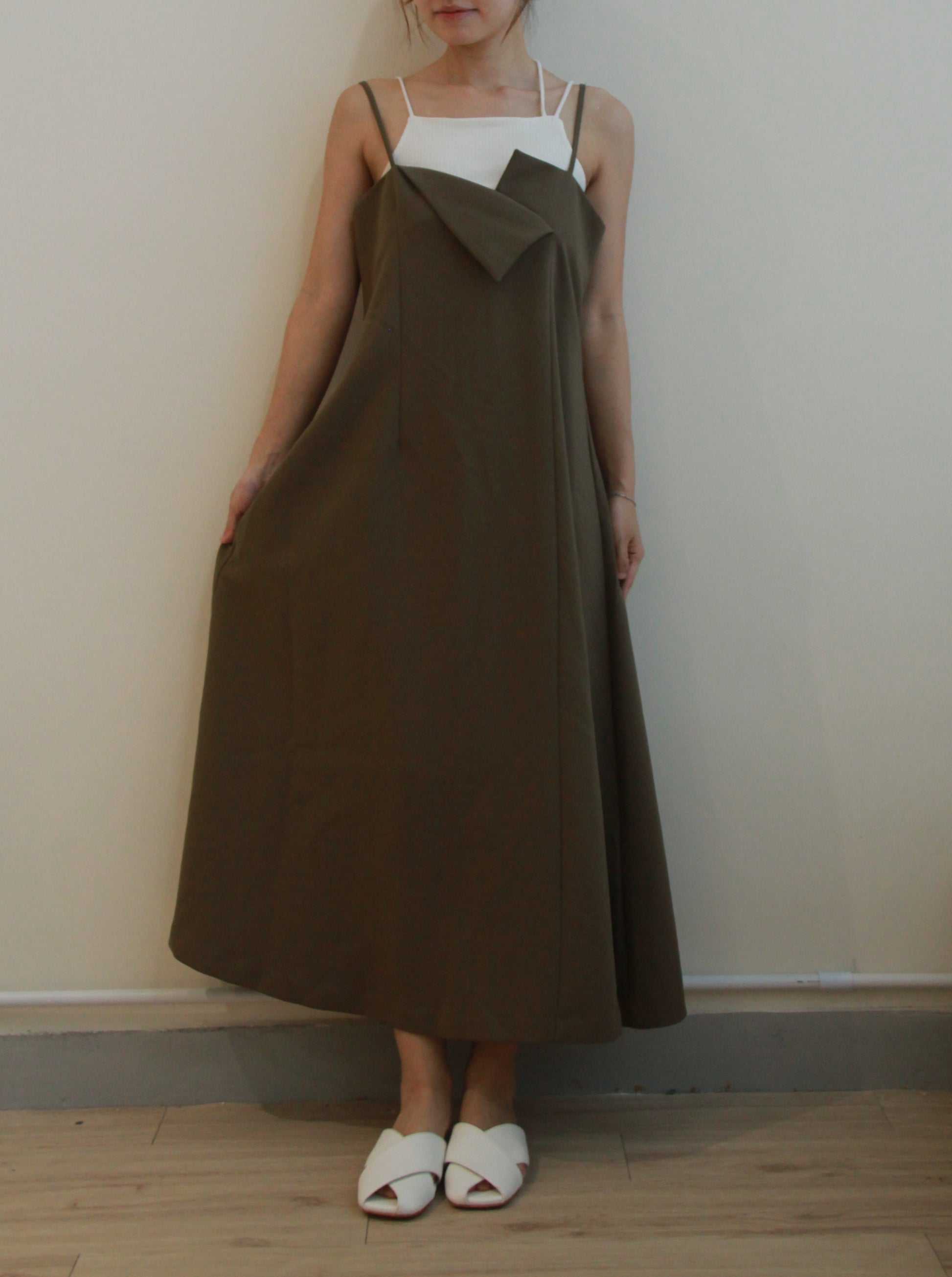 Lapels A-line Dress [Khaki]