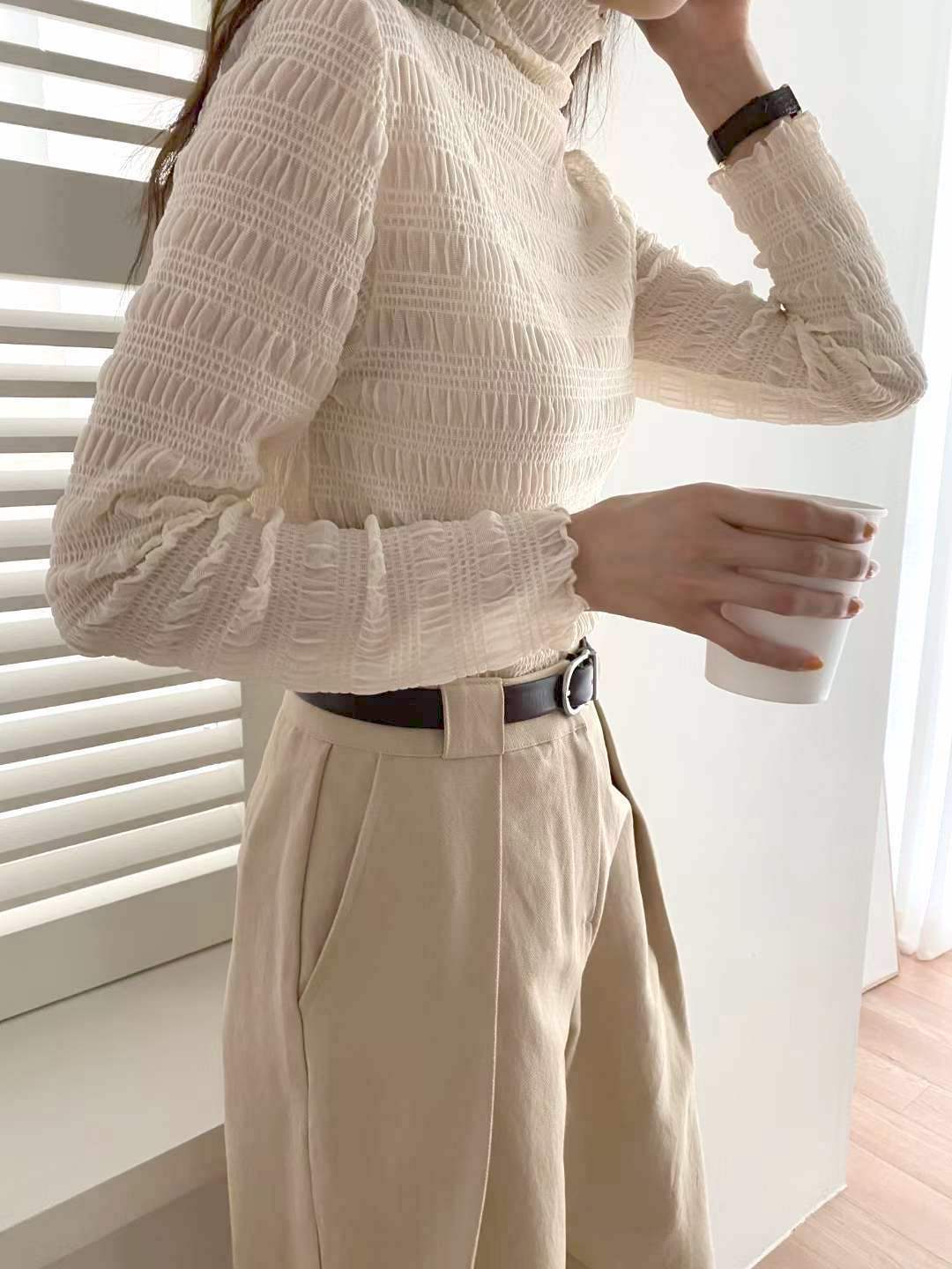 (現)Shirring Mesh Turtleneck Top (奶油白)