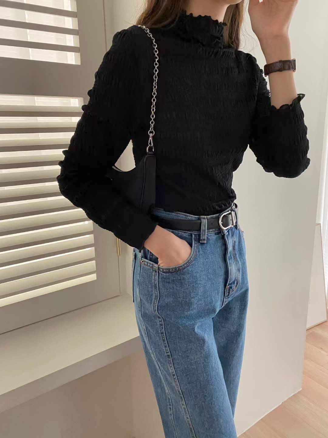 (現)Shirring Mesh Turtleneck Top (奶油白)
