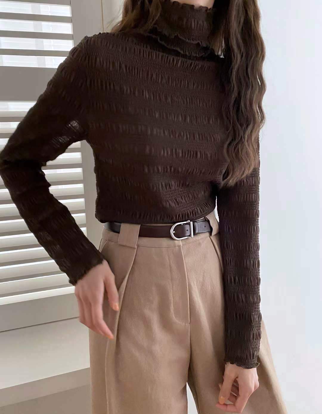 (現)Shirring Mesh Turtleneck Top (奶油白)