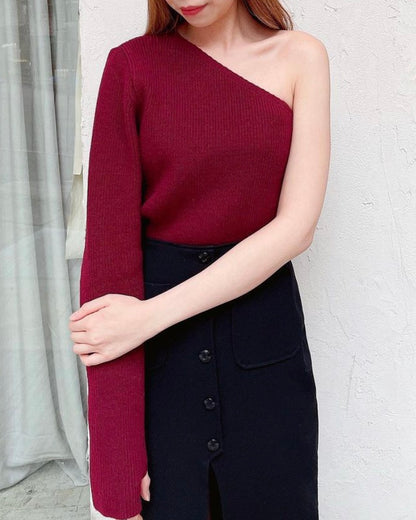 (現)One-Shoulder Thumbhole-Cuff Knit Top (黑白)