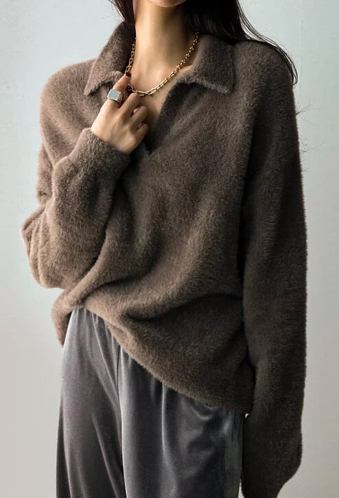 (現) Open Collar Mink Hair Knit Top (白)