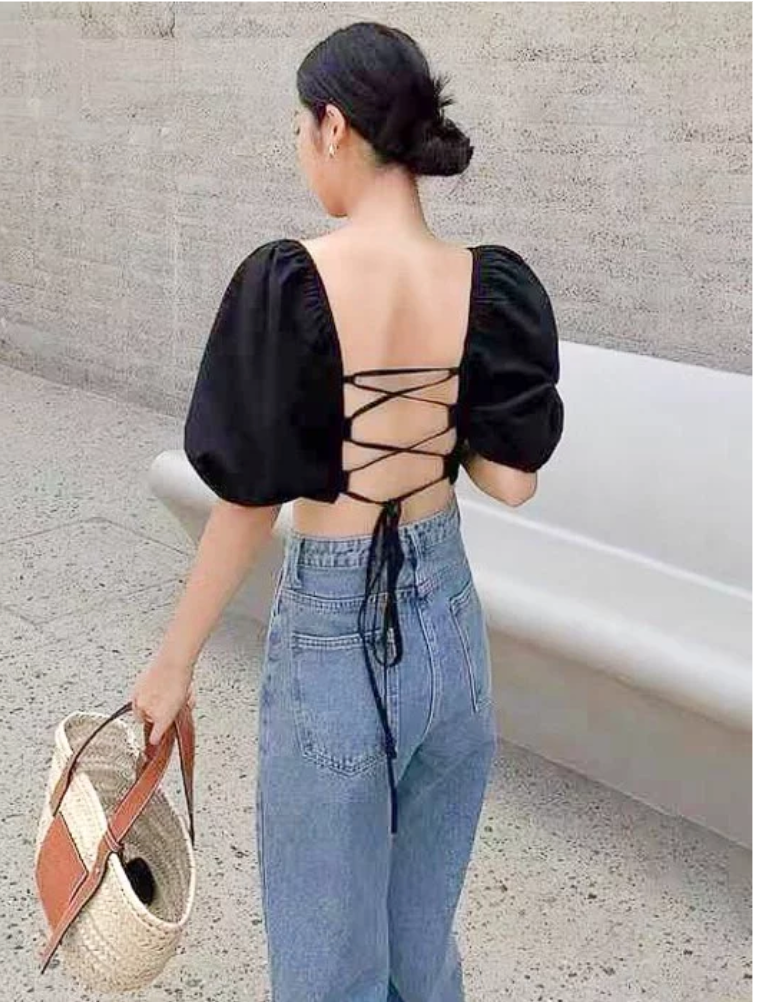 美背綁帶公主袖上衣